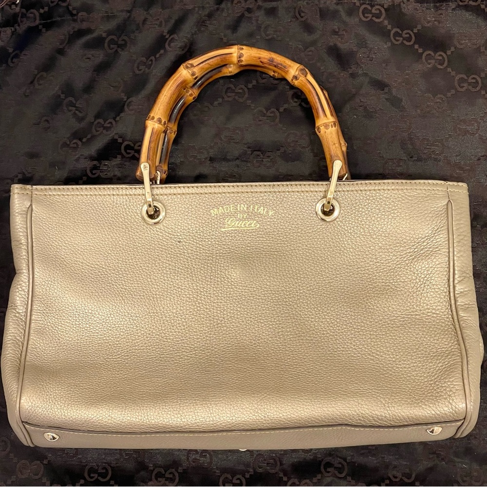 GUCCI Bamboo Shopper Medium Handbag Tote Leather Authentic Gold Pewter Taupe EUC